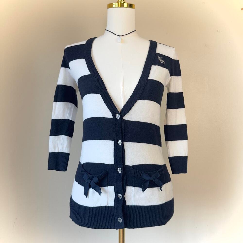 Y2K Abercrombie Preppy Navy & White Striped Button Up Cardigan - Girl's XL